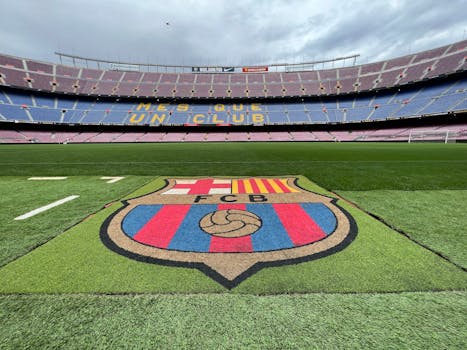 View of the pitch and stands at Camp Nou Stadium, home of FC Barcelona, in Spain.