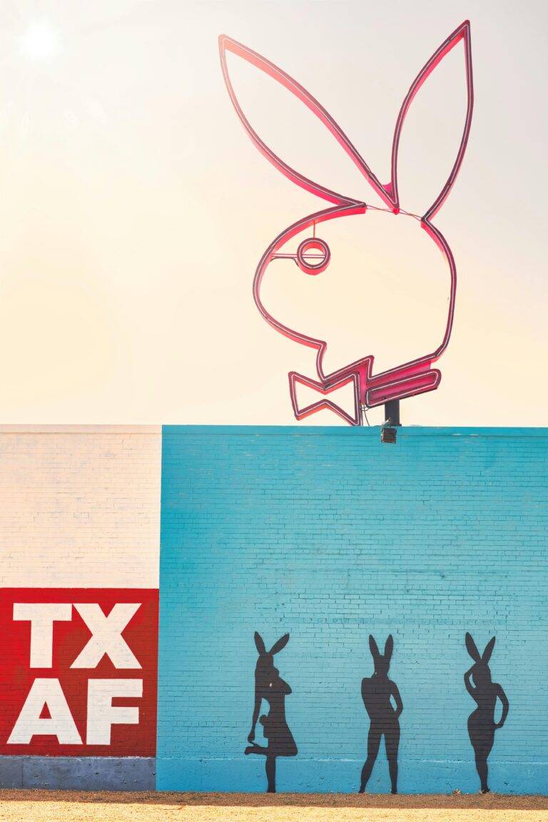 Vibrant mural featuring a bunny logo and silhouettes under a bright sky.